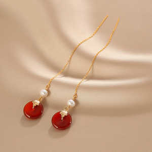 Boucles d'oreilles pendantes vintage pour femmes, longues franges en agate et perles naturelles - Product Image 4