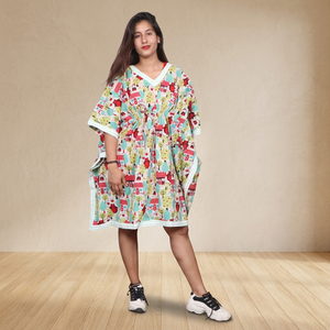Robe Kaftan en Coton Imprimé Col V pour Femme, Coupe Ample Midi Décontractée d'Été, à Nouer, Manches Courtes, Motif Dessin Animé, Respirante - Product Image 2