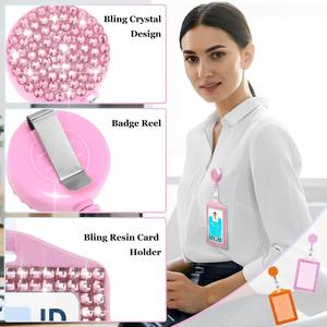 Badge en strass porte-clés Clips Bling Carte d'identité Porte-badge en cristal Clip de bobine rétractable Vertical Horizontal Nom Carte d'identité - Product Image 3