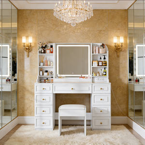 Ensemble de coiffeuse moderne de luxe haut de gamme <span class=keywords><strong>avec</strong></span> éclairage LED, table à maquillage en bois <span class=keywords><strong>avec</strong></span> 9 tiroirs, miroir tactile et tabouret - Product Image 1