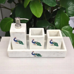 Juego de 4 Piezas de Artesanía en Piedra de Mármol Blanco con Incrustaciones Hechas a Mano, Material de Piedra Pulida con Diseño de Pavo Real, Imitación Antigua de Artículos de Tocador - Product Image 3