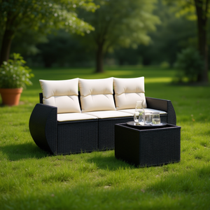 Ensemble de canapés de jardin en rotin noir avec coussins crème, mobilier d'extérieur au design contemporain, résistant à l'eau et aux UV, en rotin PE - Product Image 2