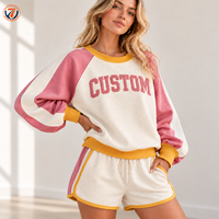 Ensemble décontracté pour femme : Sweat-shirt et short athleisure rose colorblock avec broderie lettres et bordure contrastante, cordon de serrage