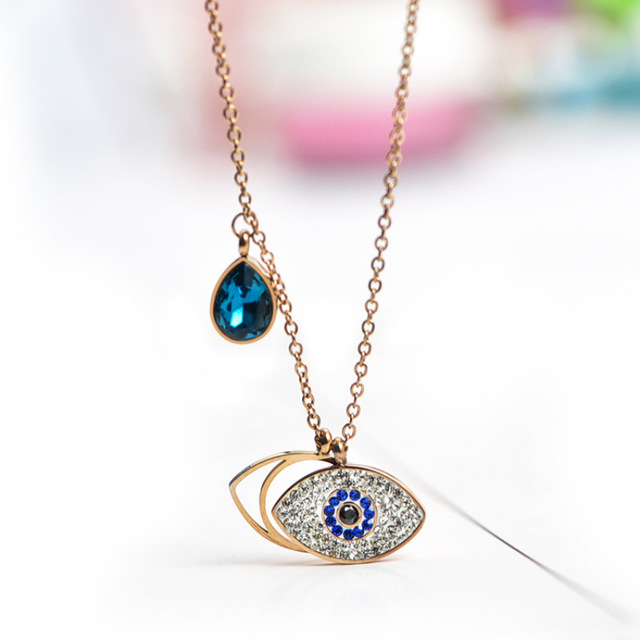 Simple Design Gold Plating Evil Eyes Pendant Necklace Stainless Steel Full Crystal Rhinestone Turkish Evil Eyes Necklace