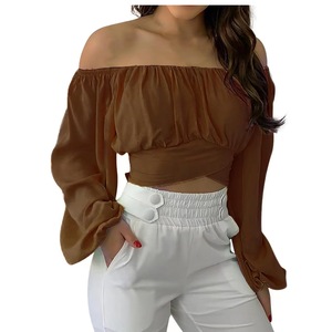 King Mcgreen Star <span class=keywords><strong>Camiseta</strong></span> de <span class=keywords><strong>manga</strong></span> <span class=keywords><strong>larga</strong></span> Sexy fuera del hombro Bodycon mujeres Streetwear Crop Tops verano sólido elegante camisetas - Product Image 2