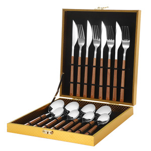 Japanese Style Stainless Steel Cutlery <b>Set</b> 16 Piece Gold Color Wood Grain Handle Durable Dining Utensils - Product Image 5