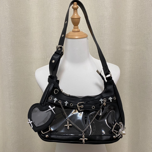 Bolso bandolera gótico multibolsillos con colgante de estrella metálica, correa ancha, almohadilla de inserción y ventana transparente para exhibición de pines - Product Image 2