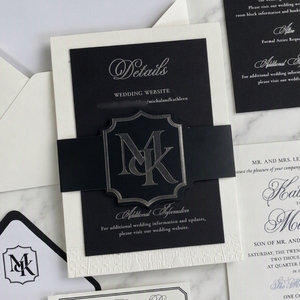 Ensemble d'invitations de mariage de luxe noir et blanc, monogramme estampé à chaud, carton élégant, RSVP pour la fête nuptiale, enveloppes - Product Image 2