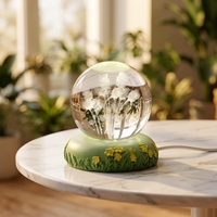 Lampe de Chevet LED 3D en Verre Gravé avec Fleurs, Boule de Cristal, Base en Mousse Verte, Alimentation USB, Lampe de Bureau Personnalisable en Gros, Motifs Œillet et Lys pour la Maison