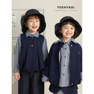 Ensemble 3 pièces pour enfants YOEHYAUL C3681, garçon et fille, printemps, chemise à manches longues, veste, tenue, ensemble de vêtements à carreaux pour enfant - Product Image 1