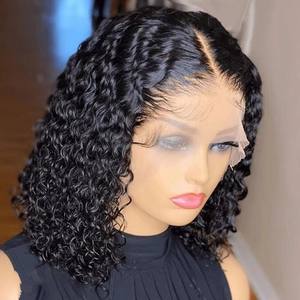 Peluca de Cabello Humano con Frente de Encaje, Estilo Bob Corto Rizado con Nudos Profundos, Alta Definición, Sin Pegamento, Color Negro - Product Image 1