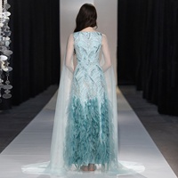 Robe de soirée bleu glacé à plumes, brodée de sequins, col en V, sans manches, vente en gros, sur mesure, OEM, robe de fête