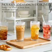 Vasos de Vidrio Acanalados de 20 oz con Tapas y Pajitas de Vidrio, Vasos Vintage para Café Helado, Vasos Reutilizables para Smoothies y Cócteles