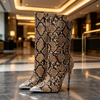 Bottines à talons aiguilles pour femmes, imprimé serpent, bout pointu, embout métallique, mi-mollet, bottes de soirée