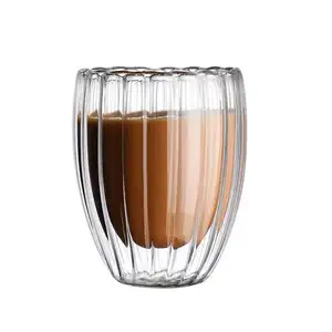 250ml 350ml Clear Insulated Ribbed Drinking Ice Espresso Tumbler Mug Double Wall Glass Coffee Cups