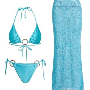 Ensemble 3 pièces maillot de bain bleu pour <span class=keywords><strong>femme</strong></span> avec décorations métalliques, maillot de bain deux pièces dos nu à lacets, tenue de plage été 2026, nouveau cache-maillot en maille et jupe portefeuille - Product Image 5