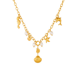 Collana con ciondoli a forma <span class=keywords><strong>di</strong></span> stella marina, cavalluccio marino e delfino in acciaio inossidabile anallergico, placcata oro, con conchiglia e nappa, stile marino - Product Image 2