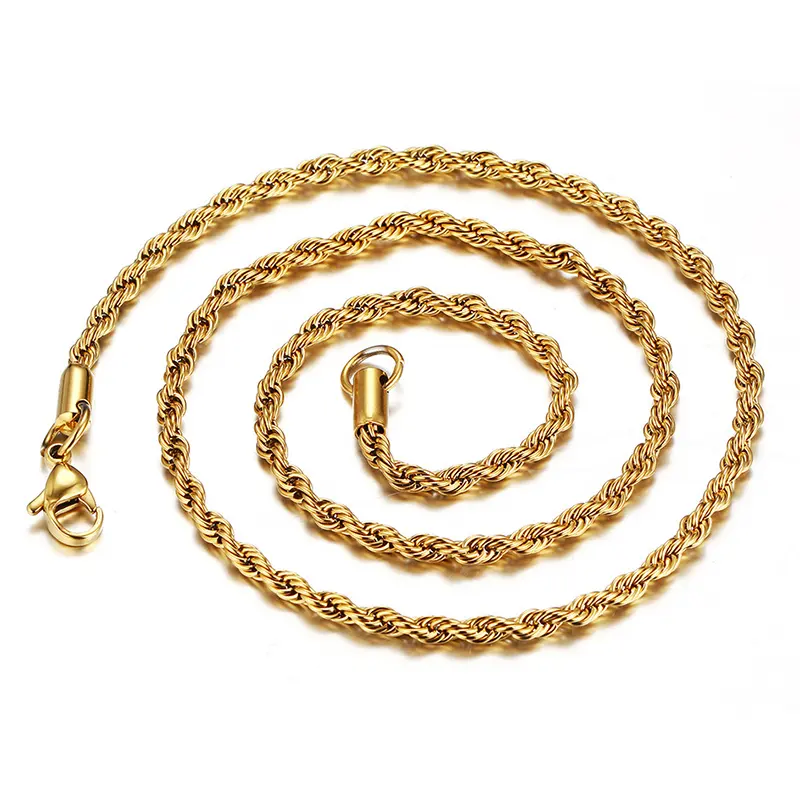 Waterproof never fade hiphop titanium steel stainless steel 3mm gold filled gold plating rope chain necklace