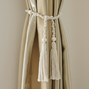 Sujetadores de cortinas de macramé, cuerda de algodón natural bohemia tejida a mano, sujetadores de cortinas con perlas - Product Image 1