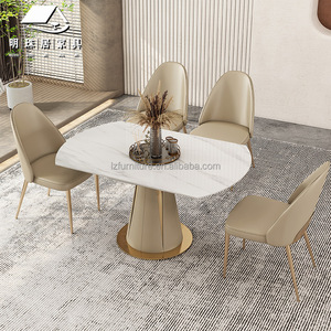 Luxury White Rock Slab Dining <b>Table</b> Round <b>Expandable</b> Champagne Gold Flared Base 4-8 Seater Home Restaurant Hotel Furniture - Product Image 2