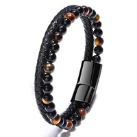 Bracelet en corde de peau de vache à la mode pour hommes de style européen et américain Bracelet en pierre naturelle perlée en œil de tigre volcanique