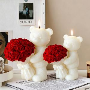 3D Rose Bear Candle <b>Mold</b> Bear Holding Bouquet Candle Silicone <b>Molds</b> for Candle Making Resin Aromatherapy Gypsum Wax Clay Craft - Product Image 4