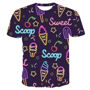 Camisetas de manga corta para niños y adultos, impresión digital 3D de helado con patrón de neón, logotipo personalizado, venta al por mayor