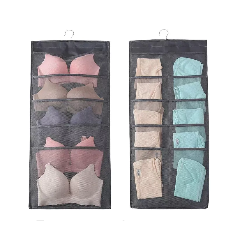 Closet Hanging Organizer with Mesh Pockets Rotating Metal Hanger Oxford Cloth Hanging Storage Bag for Bra Underwear Underpants S