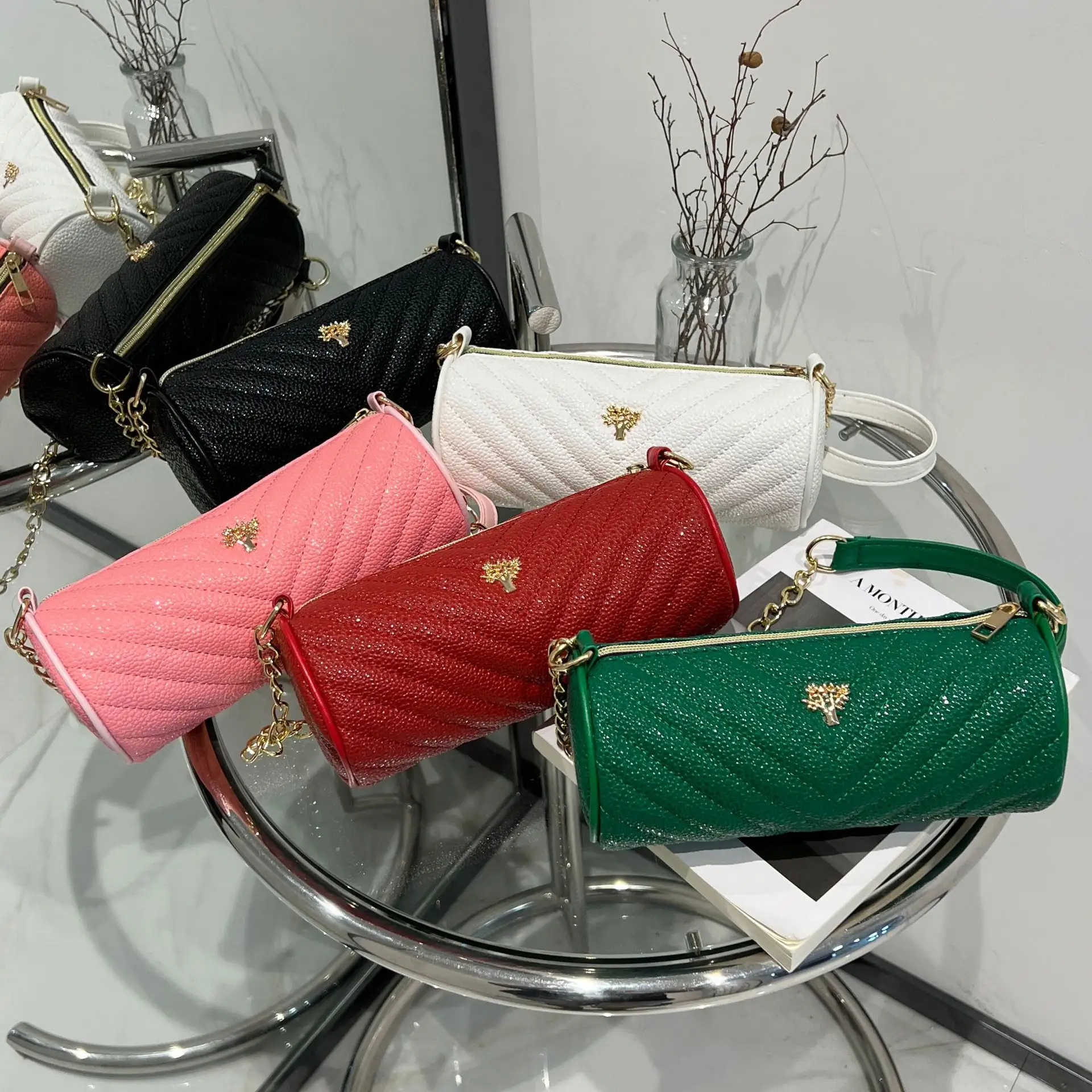 Koreanische runde Röhre bestickte Frauen tasche Modedesign Soft Pu Leder Umhängetasche