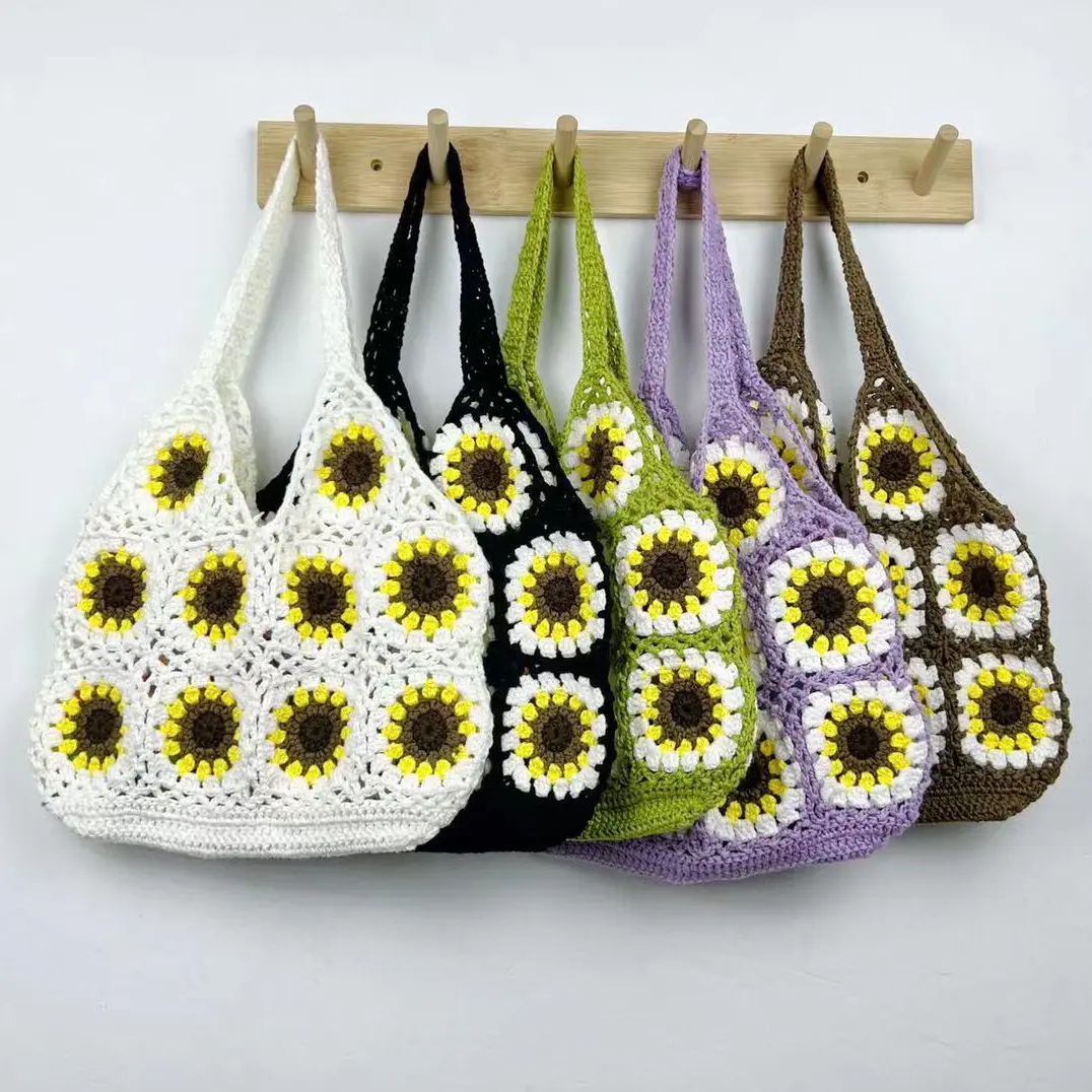 Pabrik Kustom Granny Square Sunflower Handmade Crochet Shoulder Tote Tas Pantai