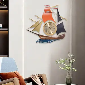 カスタム高級スタイル大型帆船サイレント時計壁リビングルーム、ベッドルーム、キッチン、カフェ家の装飾3D金属壁時計
