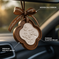 Diffuseur Parfum Auto Pendentif Voiture Plâtre Relief Trèfle Cadre Noyer Massif Ruban Soie Cadeau