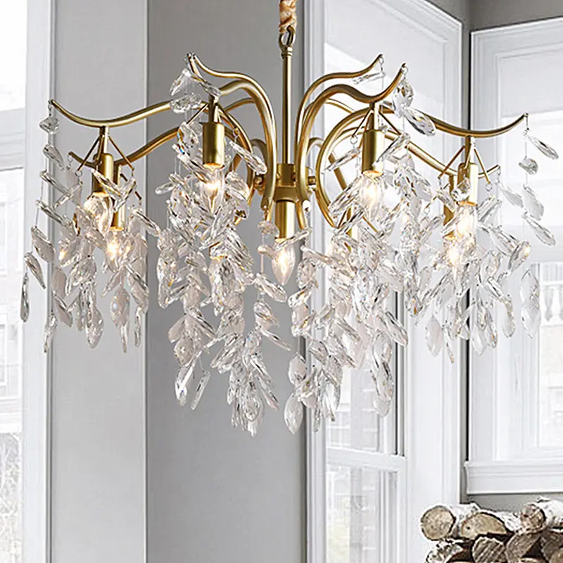 Candelabro de cristal de cobre completo americano para sala de estar, comedor, candelabro francés, arte simple, poste para dormitorio, luz moderna de lujo