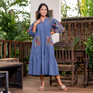 Vestido Midi Bordado Floral Azul Romántico y Duradero al por Mayor para Mujer, Ropa de Boutique - Product Image 5