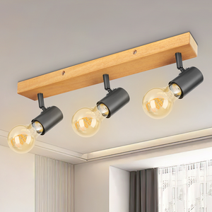 Projecteur de plafond industriel rétro noir à 3 spots E27 hautement recommandé |   <span class=keywords><strong>Spot</strong></span> lumineux vintage en métal et <span class=keywords><strong>bois</strong></span> pour intérieur, maison ou boutique - Product Image 1