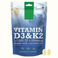 OEM Vitamine D3 Naturelle 10000 UI K2 MK7 200mcg Gélules à l'Huile de Coco Sans OGM Sans Gluten Sans Soja Soutien Immunitaire 200 Gélules