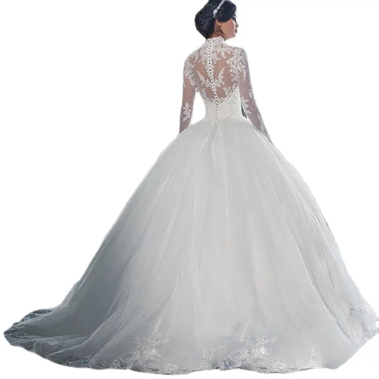 Long Sleeves China Cheap Turtleneck Luxury Bridal Gown European Wedding Dress Online