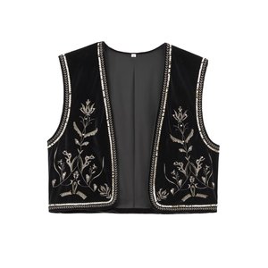 TAOP&ZA Autunno 2024 Nuovo Gilet Corto Elegante da Donna in <span class=keywords><strong>Velluto</strong></span> Nero Retrò con Ricami Senza Maniche 5770226 - Product Image 1