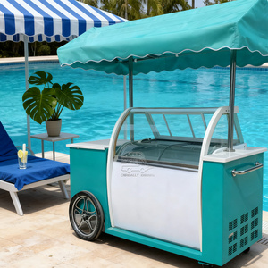 2 Wheel Outdoor Refrigerated Ice Cream Fast Food Towable Mobile <b>Trolley</b> Umbrella Ice Cream Push Vending Cart with Freezer - Product Image 5