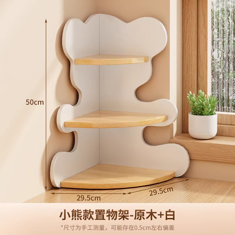 Bear Design - Corner Shelf [White Frame, Solid Wood Shelf]