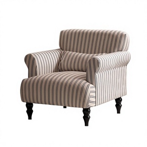 <span class=keywords><strong>Fauteuil</strong></span> Rétro Français Wabi-Sabi Rayé - Accoudoir Courbé & Pieds en Bois Massif Sculpté - Canapé Individuel pour Salon & Gîte - Product Image 1