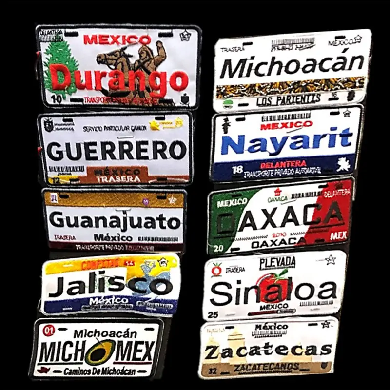 New Custom Mexico States License Plate Embroidery Patch Enamel Pin Glitter Mexican Hat Pin For Hat