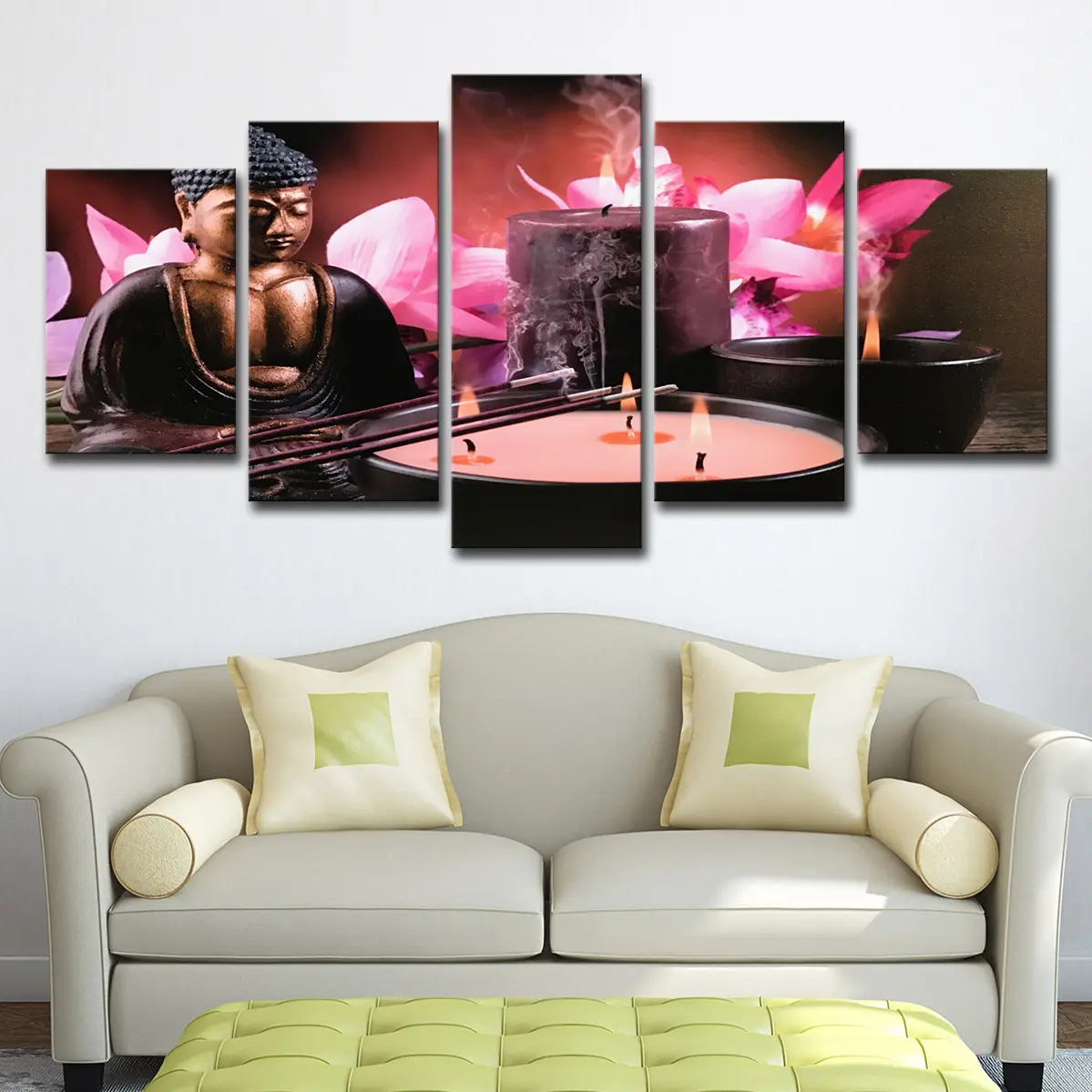 Candlestick Pink Orchid Contemporary Poster Wall Art Canvas Print Modern Buddha Painting for SPA Club Decoration