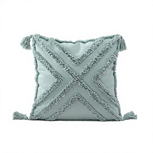 Bohemian Square <b>Throw</b> Pillow with Geometric <b>Stitched</b> Pattern Tassels 100% Cotton Filling Removable & Washable in Soft Teal Color - Product Image 1
