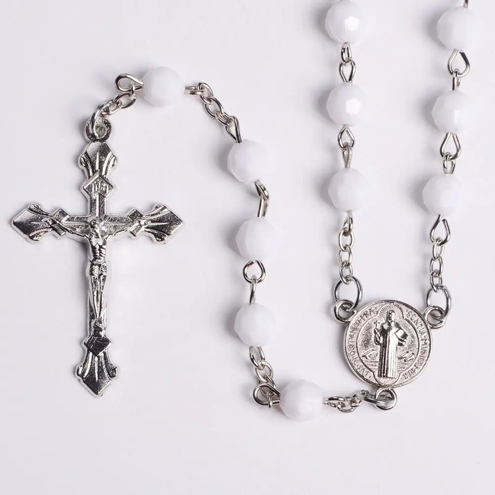 White faceted Bead Rosary with Metal Centerpiece and Crucifix Cross Bulk Wholesale Catholic Rosary