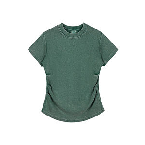 T-shirt court d'été décontracté 280GSM extensible délavé, détail à volants pour femmes - Product Image 1