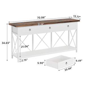 <span class=keywords><strong>Table</strong></span> <span class=keywords><strong>console</strong></span> style farmhouse <span class=keywords><strong>de</strong></span> 180 cm avec 3 tiroirs et étagère <span class=keywords><strong>de</strong></span> rangement, idéale pour l'entrée, le couloir, le hall ou derrière le canapé, couleur blanc et marron - Product Image 6