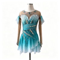 Robe de patinage artistique pour enfants, dégradé bleu sarcelle, manches volantées, dos ouvert en maille, strass faits à la main, pour la compétition