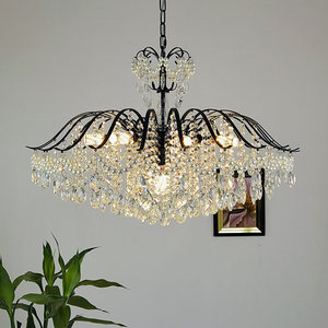 Lustre LED <span class=keywords><strong>vintage</strong></span> français de luxe en fer noir avec perles de cristal, garantie de 2 ans pour salon, salle à manger, chambre à coucher - Product Image 1