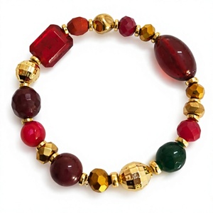 Bohemian <b>Beaded</b> <b>Bracelet</b> With Red Garnet And Gold Plated Acrylic Resin Geometric Beads Unisex Jewelry Gift - Product Image 1